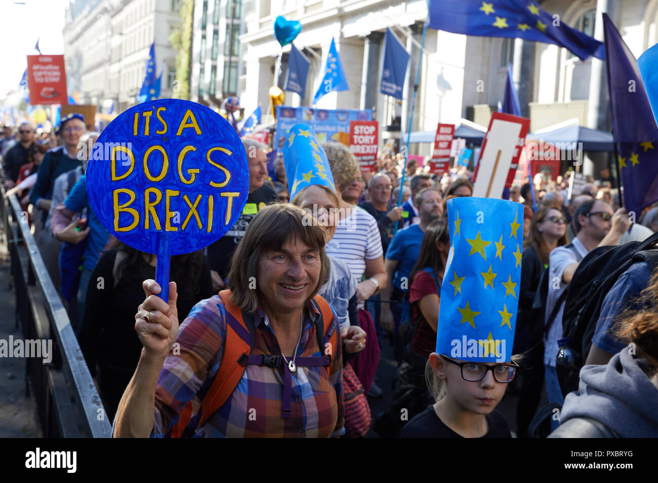 Londra, Regno Unito. Xx oct, 2018. Una targhetta dicendo "è un cani Brexit" tenuto aloft al voto popolare marzo attraverso il centro di Londra. Credito: Kevin J. Frost/Alamy Live News Foto Stock