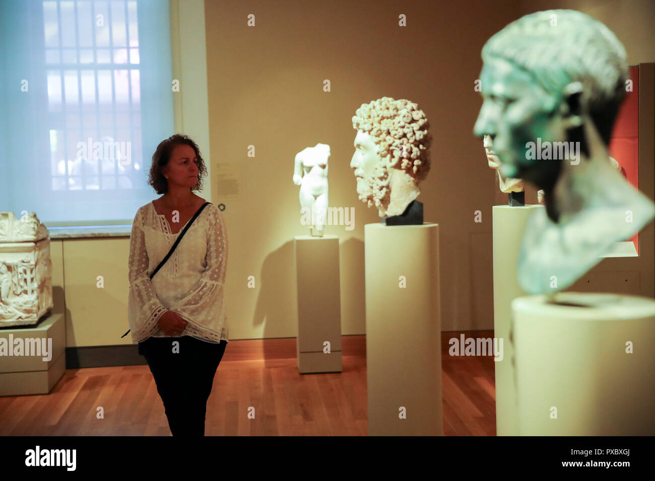 Cleveland, USA. 23 Ago, 2018. Un visitatore visualizza presenta alla Cleveland Museum of Art (CMA) in Cleveland, Ohio, Stati Uniti, e il agosto 23, 2018. Situato a circa 8 chilometri ad est del centro cittadino di Cleveland, il CMA, che ha quasi 45.000 opere spanning 6.000 anni, stabilmente classificato come uno dei più completi musei d'arte negli Stati Uniti e uno dei più visitati al mondo. Per andare con funzione: arte cinese collezione aggiunge appello a U.S. Cinghia di ruggine città Credito: Wang Ying/Xinhua/Alamy Live News Foto Stock