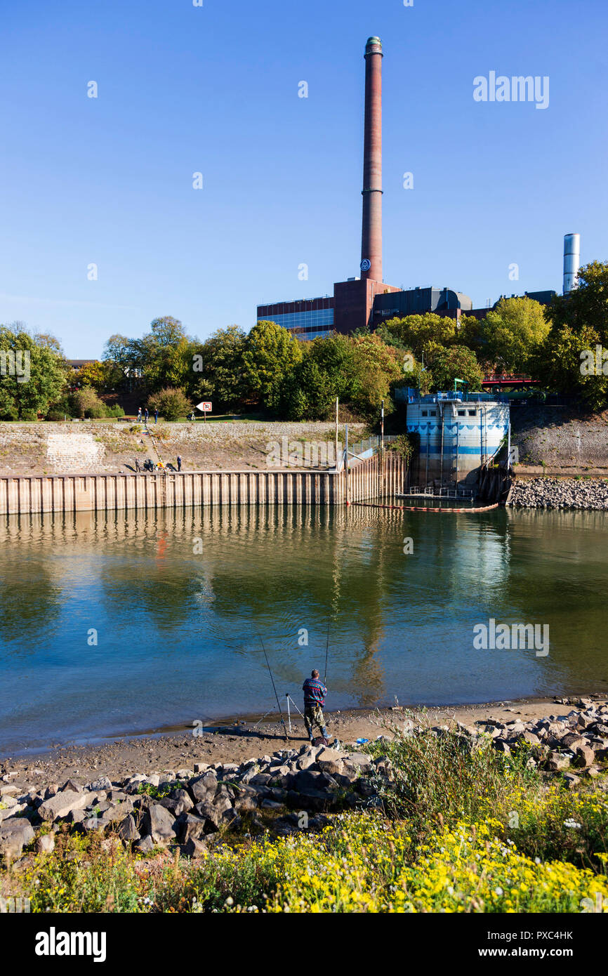 Duisburg, Germania. 21 ottobre 2018. Un pescatore sta gettando la sua canna da pesca da una zona che è normalmente coperta da acqua. Storicamente bassi livelli d'acqua espongono il letto del fiume Reno a Ruhrort, il porto di Duisburg. I bassi livelli di acqua causano problemi di navigazione e si prevede che peggioreranno mentre la siccità continua. Centrale Hermann Wenzel di ThyssenKrupp sul retro. Foto: 51Nord/Alamy credito: 51Nord/Alamy Live News Foto Stock