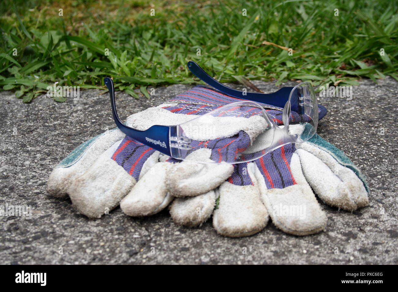 Occhio occhiali di protezione e guanti da giardinaggio Foto Stock