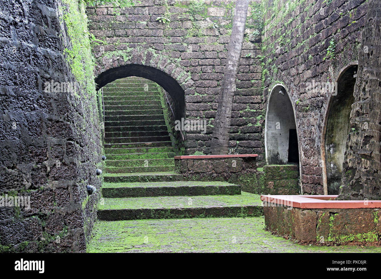 Cortile aperto formato da mattoni di pietra in un seminterrato di un edificio vecchio di lasciare in un fresco naturale di aria e di luce Foto Stock