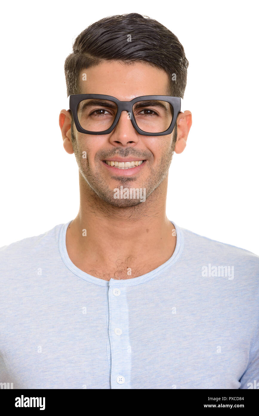 Volto del giovane persiano felice uomo sorridente con occhiali Foto Stock