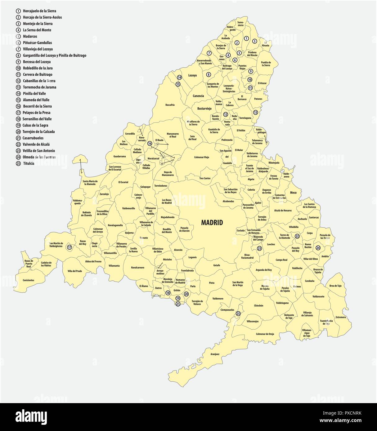 I comuni di Madrid politica e amministrativa di mappa vettoriale. Illustrazione Vettoriale