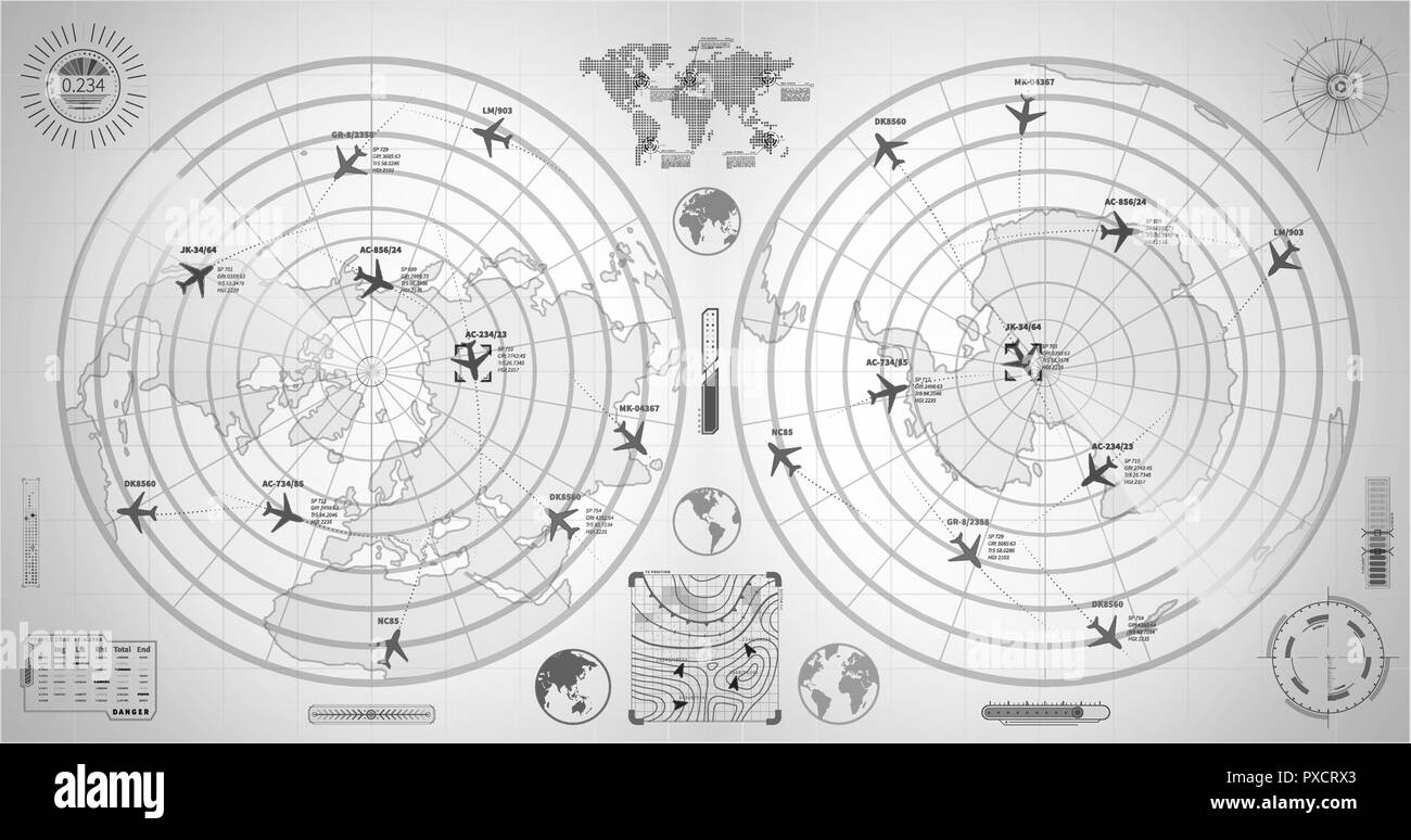 Nero dettagliato radar militari con due schermi con con piani di tracce e segni di destinazione Illustrazione Vettoriale