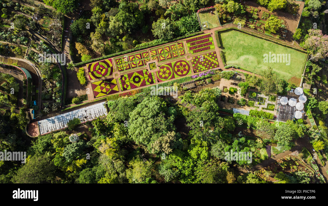 Drone vista dall'alto del giardino botanico ,"Jardim Botanico da Madeira', nella città di Funchal, l'isola di Madeira, Portogallo. Foto Stock