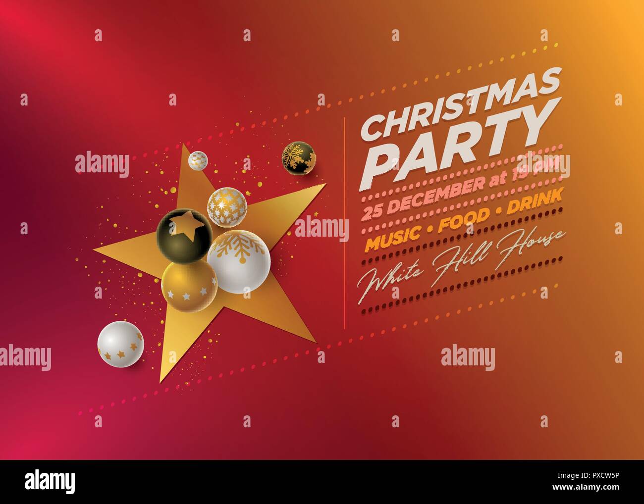Vector Christmas Party poster modello di progettazione con 3d bianco, nero e oro palle di Natale . Gli elementi sono stratificati separatamente in file vettoriale. Illustrazione Vettoriale