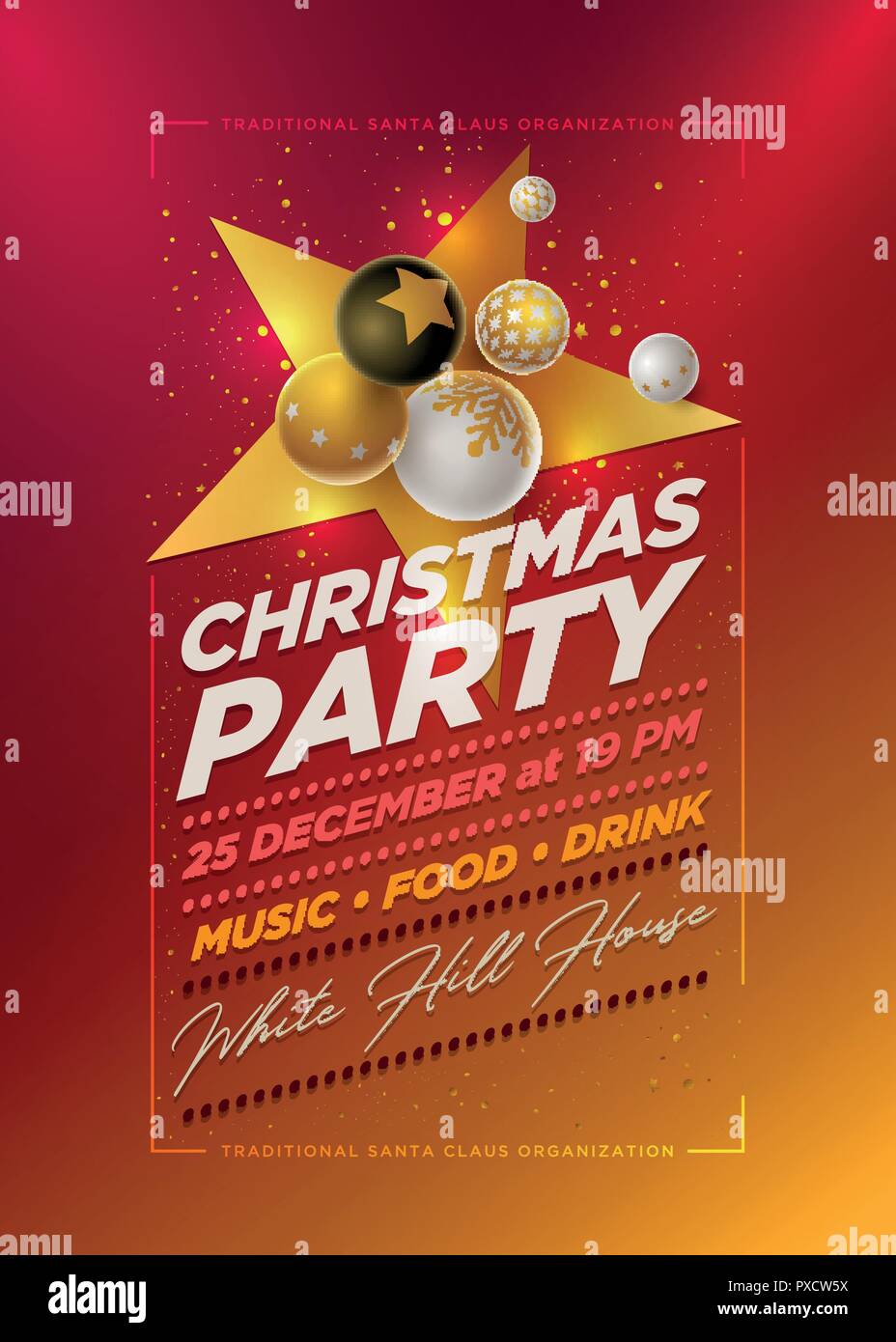 Vector Christmas Party poster modello di progettazione con 3d bianco, nero e oro palle di Natale . Gli elementi sono stratificati separatamente in file vettoriale. Illustrazione Vettoriale