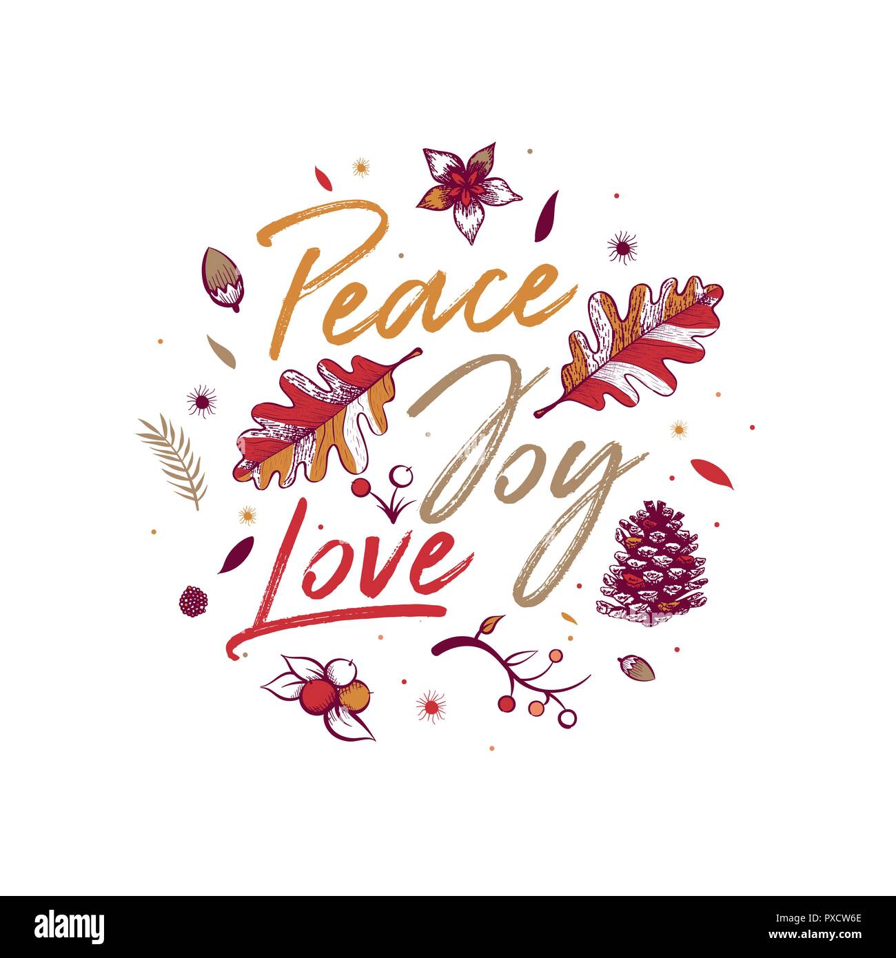 La pace e la gioia, l'amore. Natale greeting card design con disegnati a mano naturale oggetti d'inverno. Illustrazione Vettoriale
