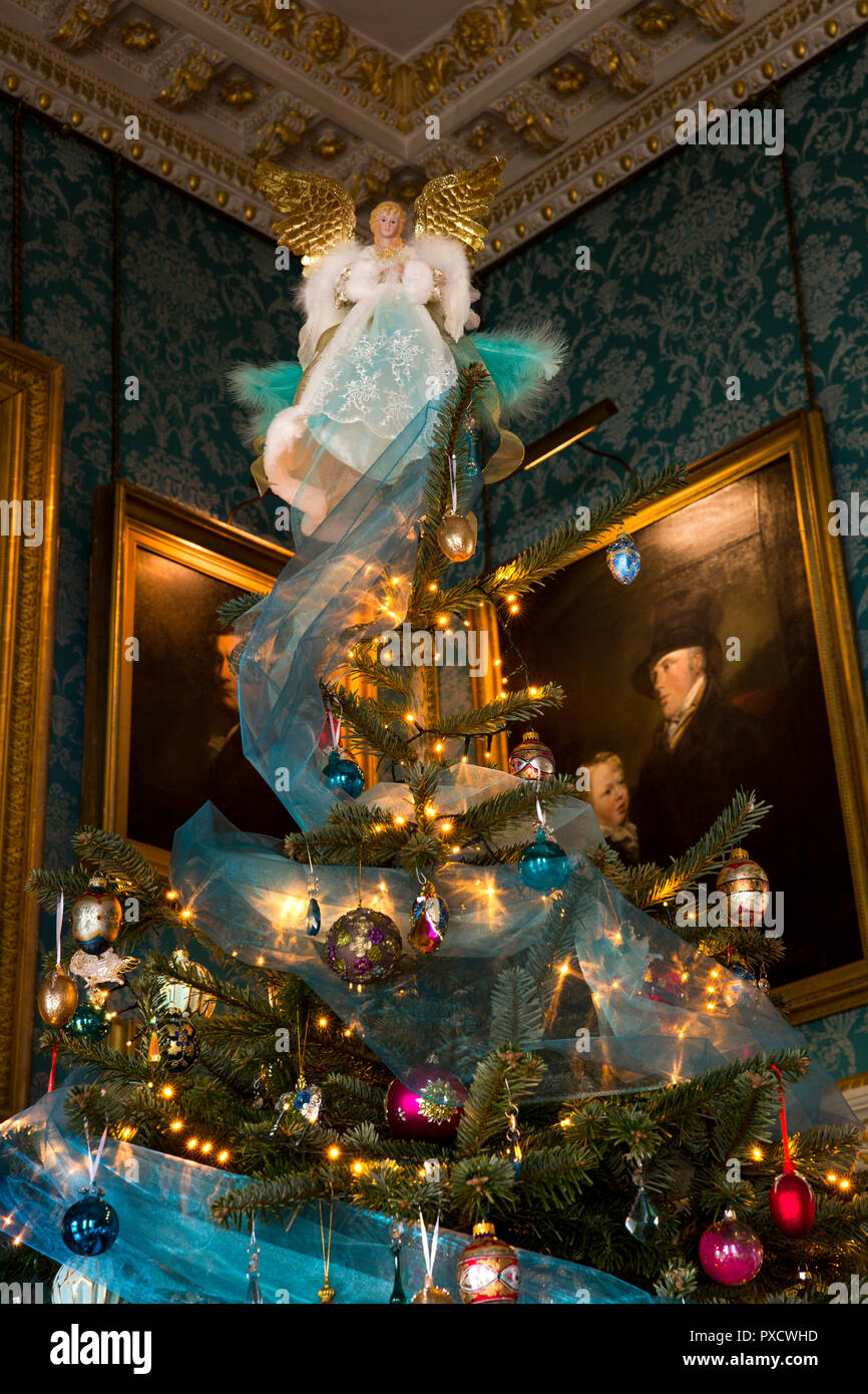 Regno Unito, Inghilterra, Yorkshire, Castle Howard a Natale, turchese Drawing Room, fairy sulla sommità del decorate albero di natale Foto Stock