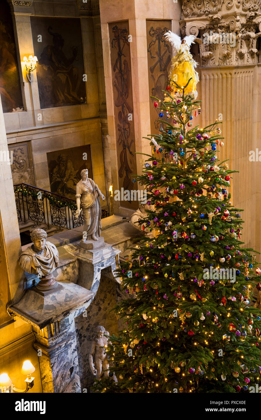Regno Unito, Inghilterra, Yorkshire, Castle Howard a Natale, grande hall, un enorme albero di Natale decorato Foto Stock