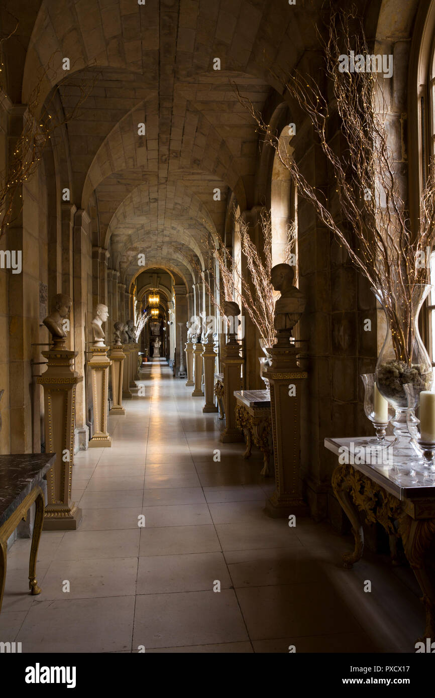 Regno Unito, Inghilterra, Yorkshire, Castle Howard a Natale, antico passaggio, illuminato ramoscello d'inverno decorazioni tra busti Foto Stock