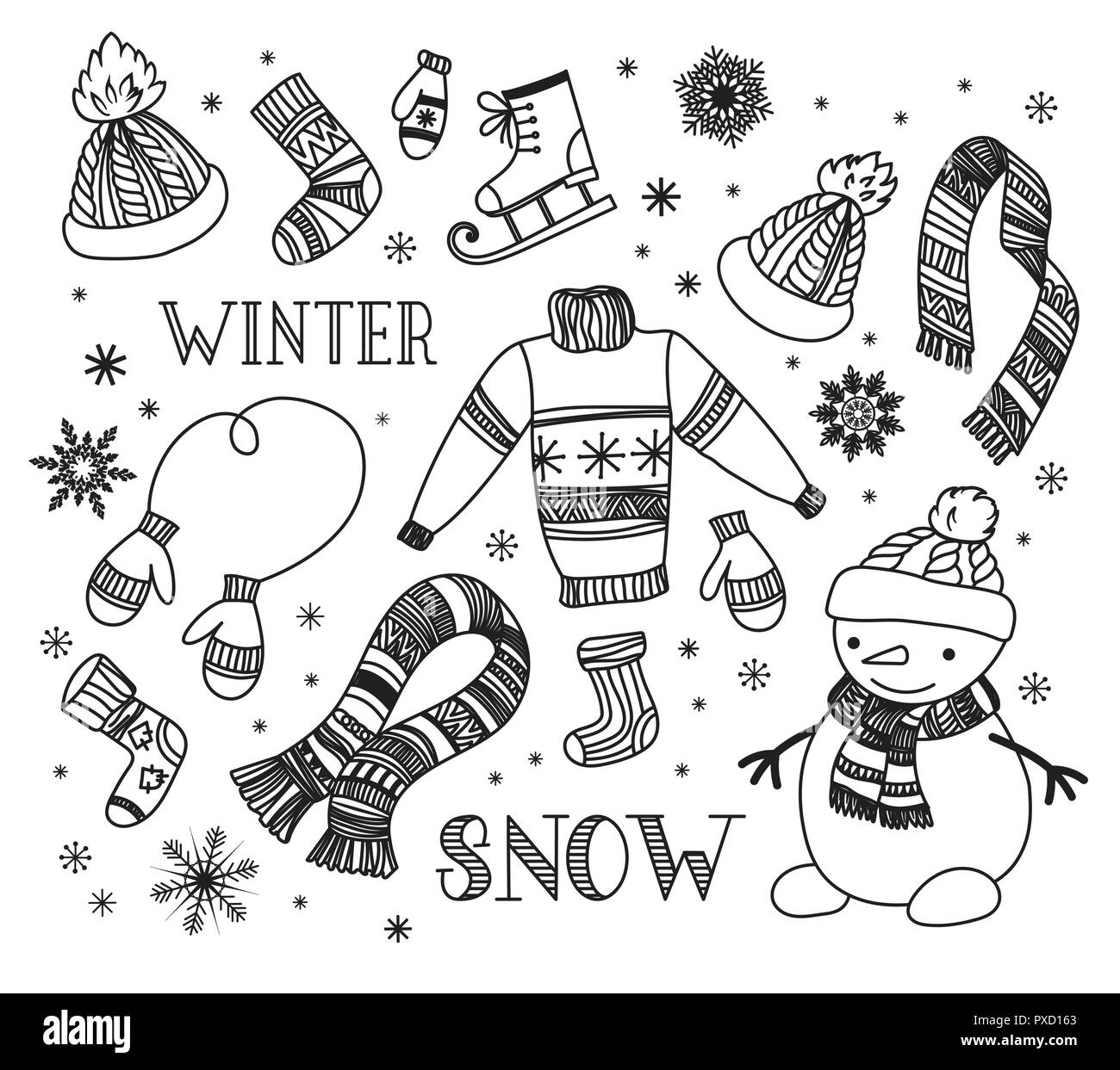 Disegnata a mano inverno doodle set. Gli elementi di design collection: tappi a maglia, sciarpa, maglione, guanti, calze, pattini da ghiaccio e il pupazzo di neve illustrazione di vettore isolato su bianco. Gli elementi di design collection. Illustrazione Vettoriale