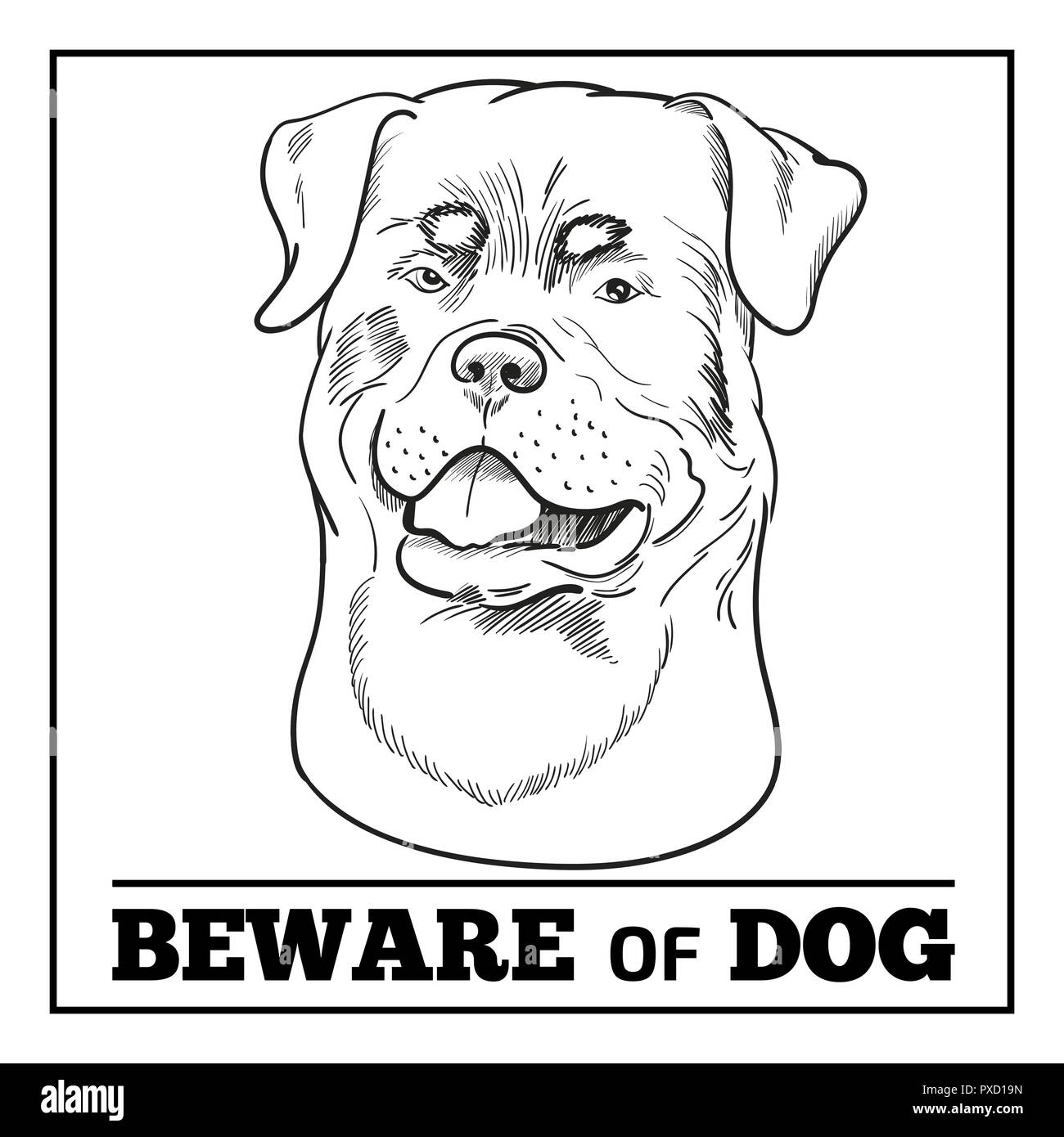 Rottweiler faccia isolati su sfondo bianco. Razza testa watchdog mano bozzetto. Attenzione del segno del cane. Illustrazione Vettoriale