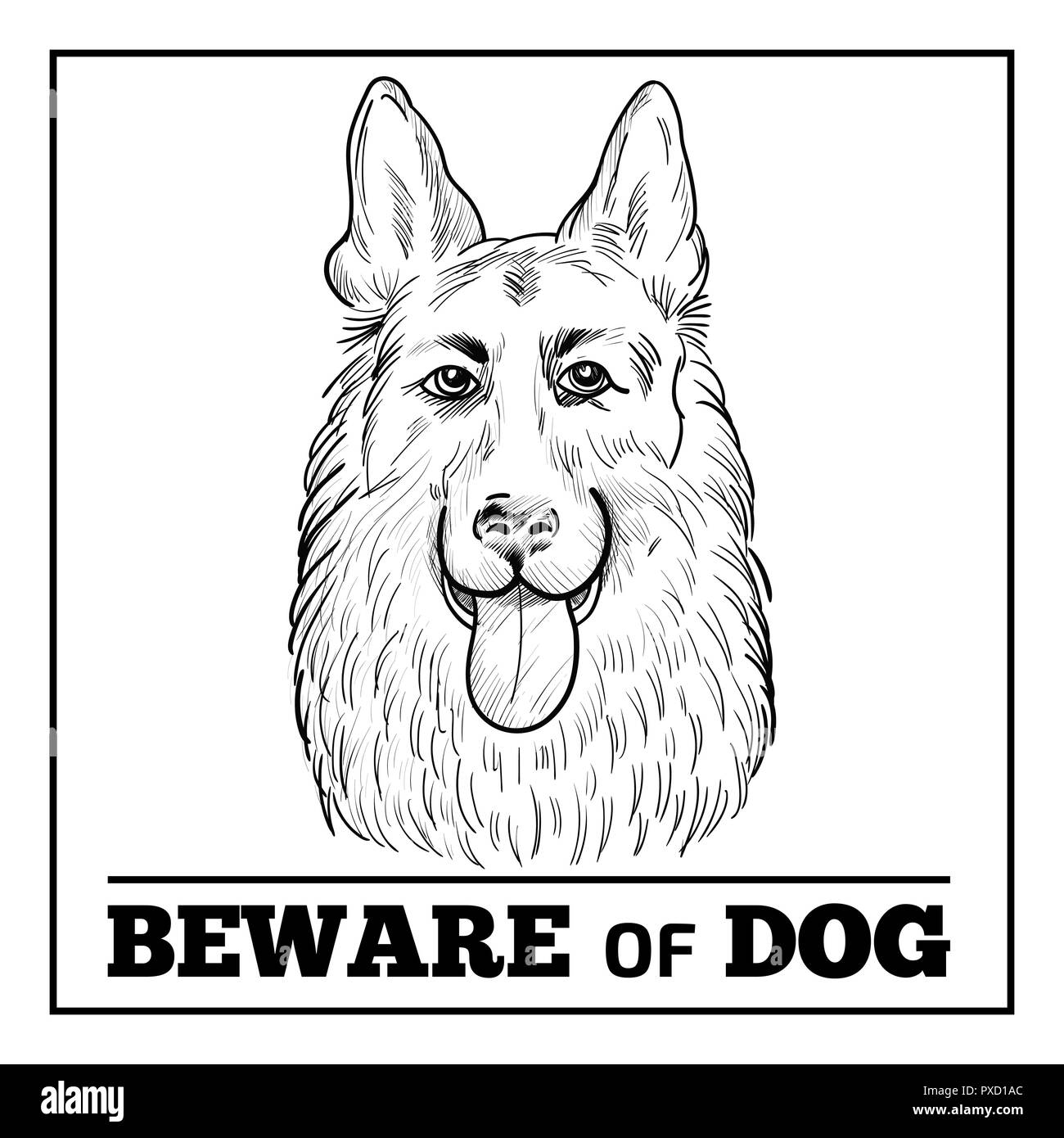 Pastore Tedesco ritratto con attenzione segno. Watchdog mano faccia bozzetto isolati su sfondo bianco. Attenzione del segno del cane. Illustrazione Vettoriale