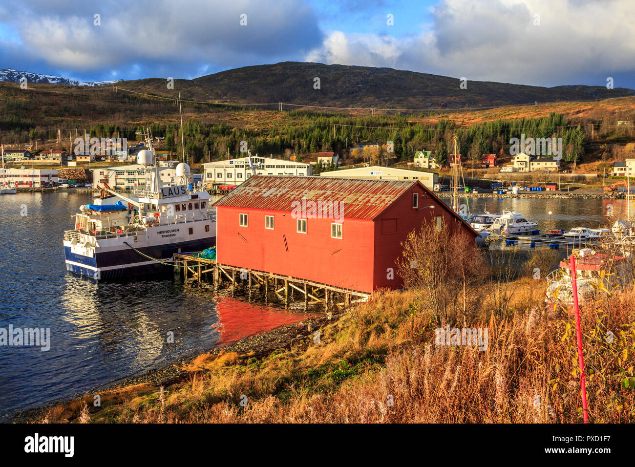 Le navi cantiere e il paesaggio scenic immagini stock Circolo Polare Artico isola Kvaloya Troms nr Tromso Norvegia settentrionale Foto Stock