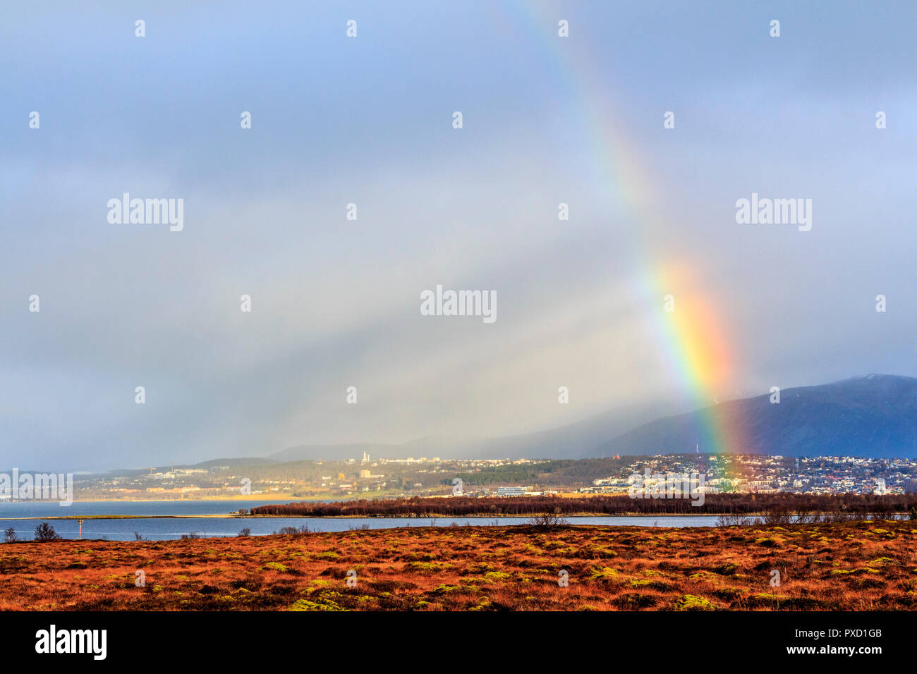 Rainbow vicino a Tromso, paesaggio scenic immagini stock Circolo Polare Artico isola Kvaloya Troms nr Tromso Norvegia settentrionale Foto Stock