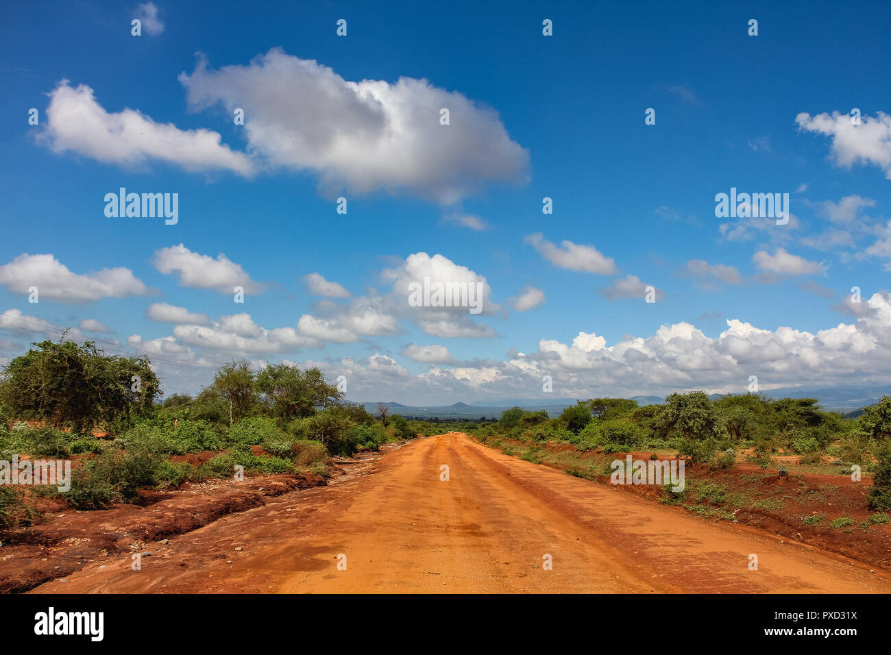 Savana secca road con belle nuvole Massai Mara kenya africa Foto Stock