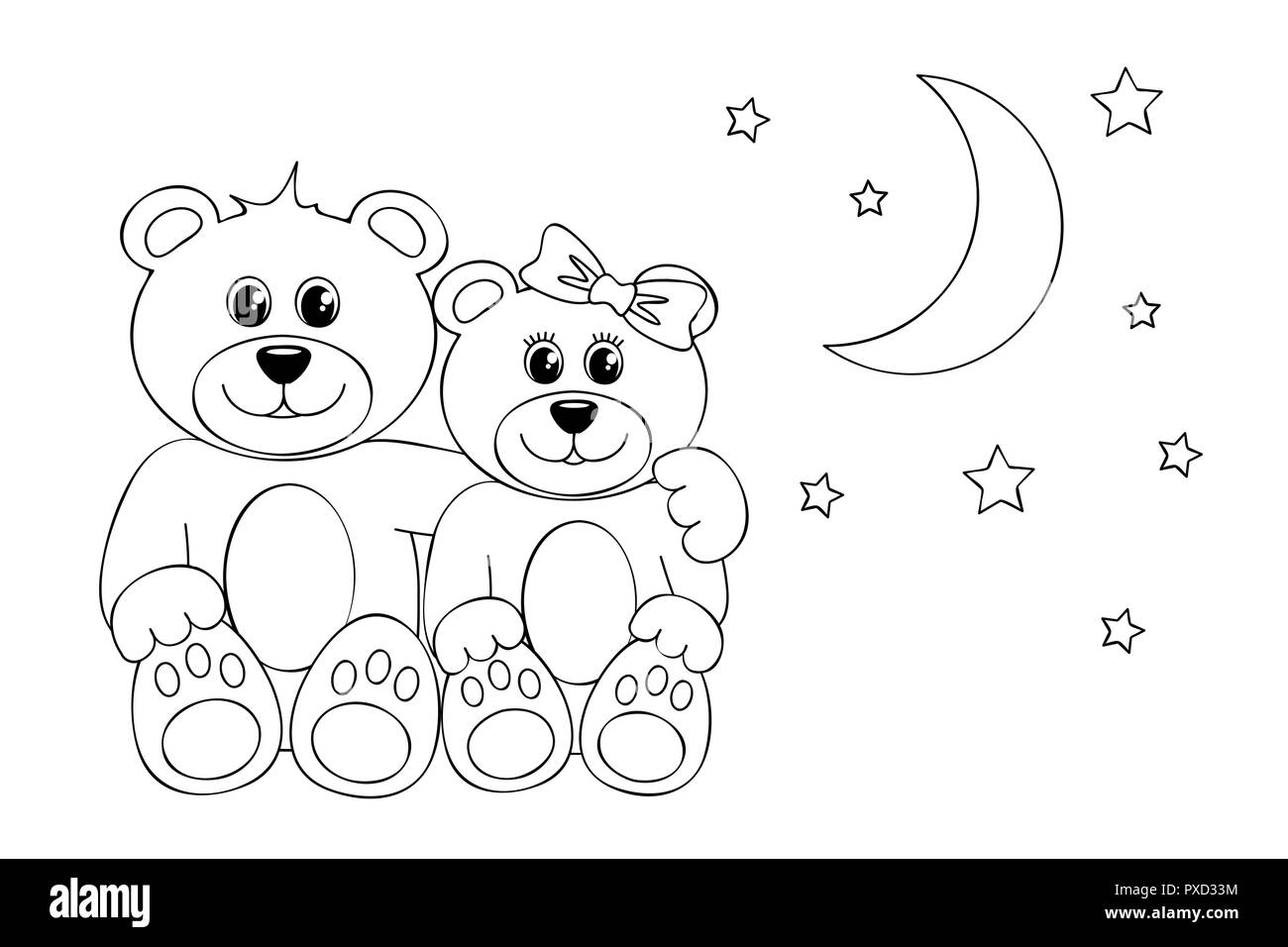 Pagina di colorazione due teddys la luna e le stelle illustrazione vettoriale EPS10 Illustrazione Vettoriale