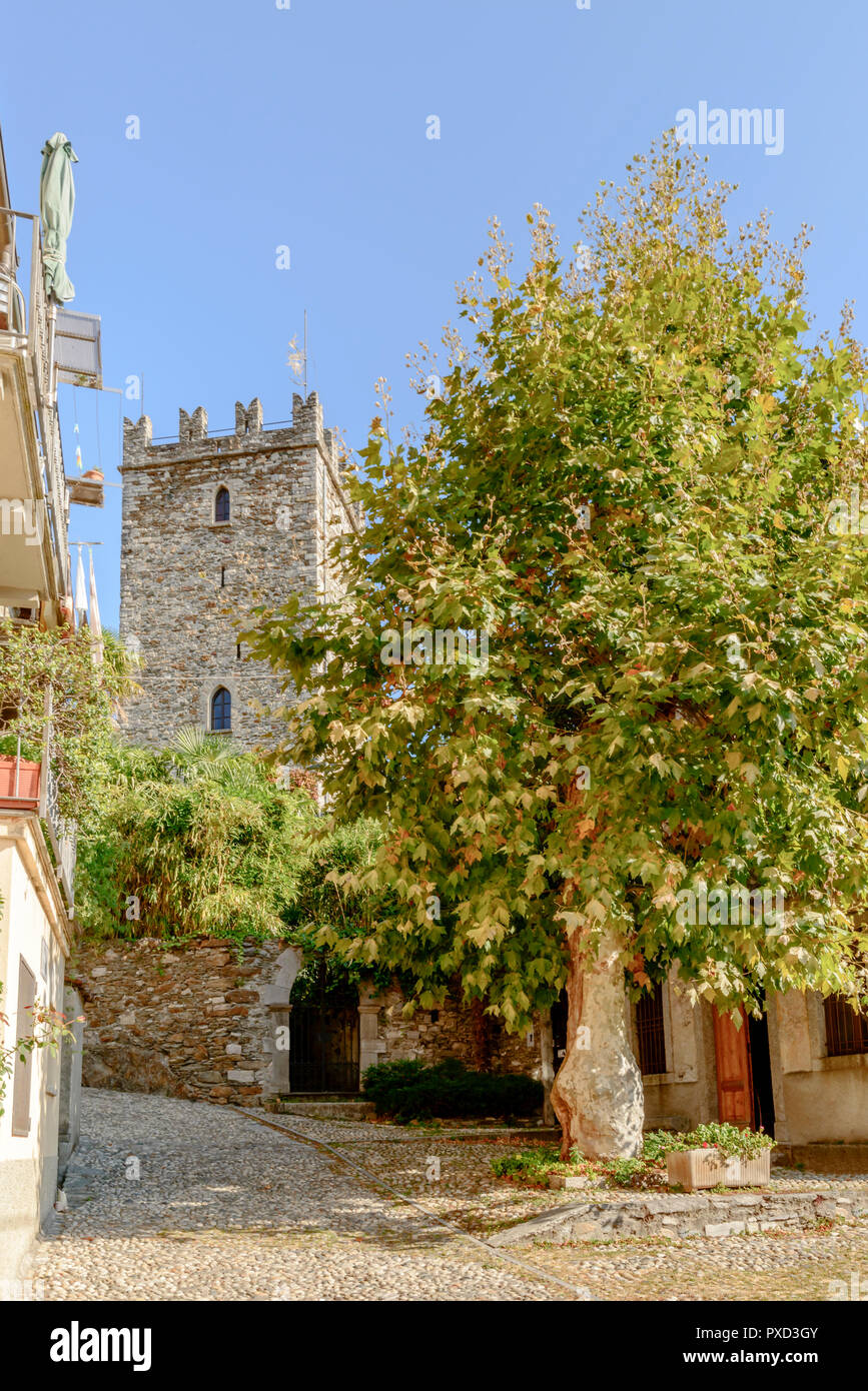 Piccola piazza con sicomoro e in background, torre in pietra di Rezzonico castello medievale, girato in caduta luminosa luce a San Siro, Como, Italia Foto Stock