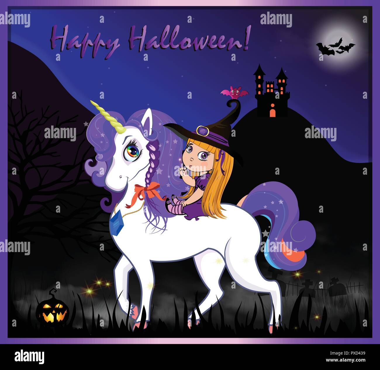 Happy Halloween cartoon biglietto di auguri con simpatici baby Ragazza strega sul bellissimo unicorno magico sulla notte di luna piena paesaggio spaventoso sfondo con castello Illustrazione Vettoriale