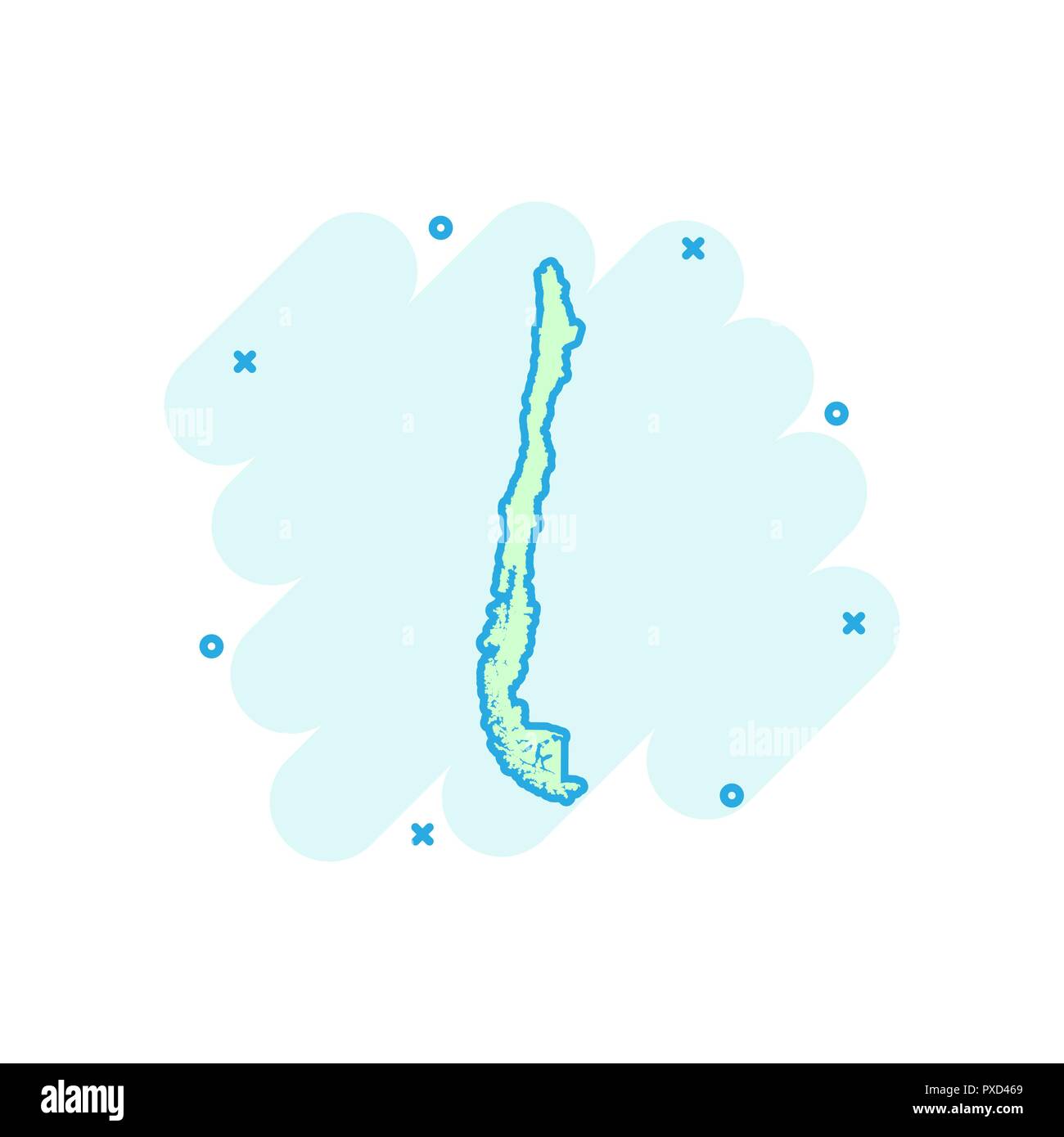 Vector cartoon Cile icona Mappa in stile fumetto. Il Cile segno illustrazione pittogramma. Cartografia mappa business effetto splash concept. Illustrazione Vettoriale