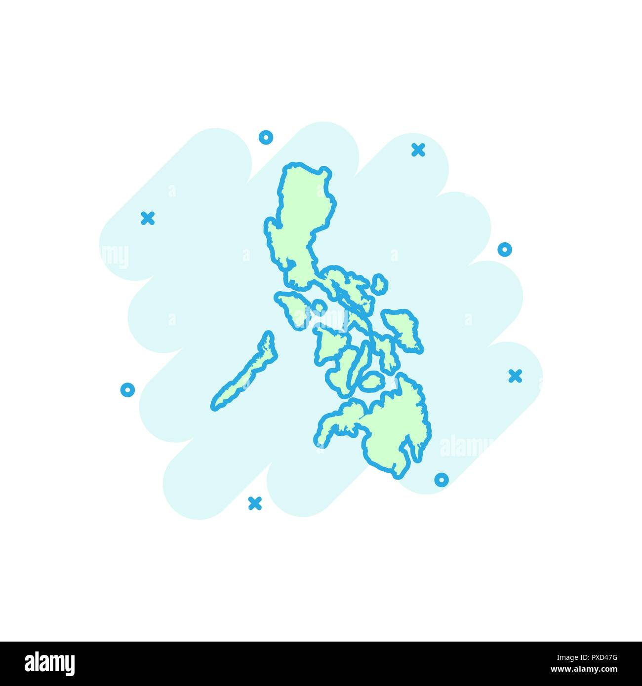 Vector cartoon Filippine icona Mappa in stile fumetto. Filippine segno illustrazione pittogramma. Cartografia mappa business effetto splash concept. Illustrazione Vettoriale