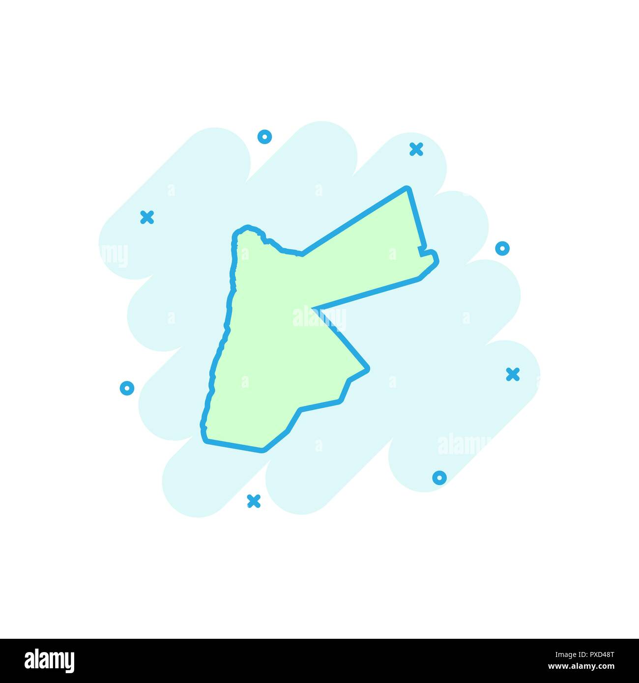Vector cartoon mappa Giordania icona in stile fumetto. La Giordania segno illustrazione pittogramma. Cartografia mappa business effetto splash concept. Illustrazione Vettoriale