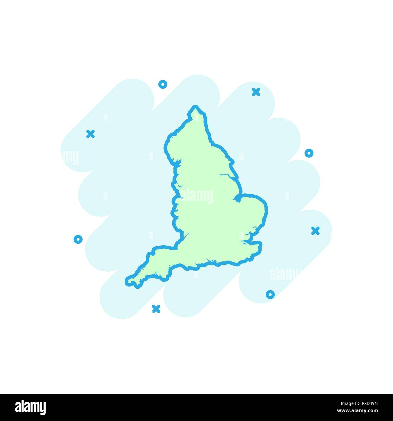 Vector cartoon Inghilterra icona Mappa in stile fumetto. Inghilterra firmano illustrazione pittogramma. Cartografia mappa business effetto splash concept. Illustrazione Vettoriale