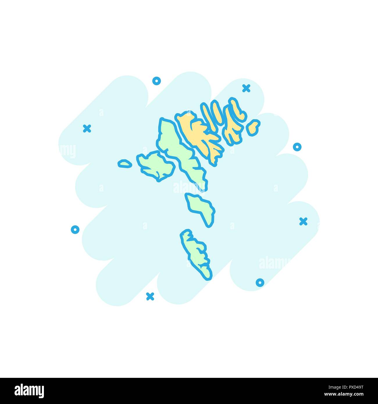 Vector cartoon Isole Faerøer icona Mappa in stile fumetto. Isole Faerøer segno illustrazione pittogramma. Cartografia mappa business effetto splash concept. Illustrazione Vettoriale