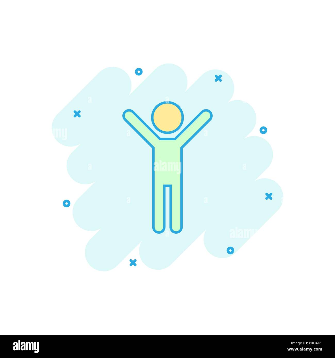 Vector cartoon uomo felice con le mani fino icona in stile fumetto. La gente felice segno illustrazione pittogramma. Uomo di affari effetto splash concept. Illustrazione Vettoriale