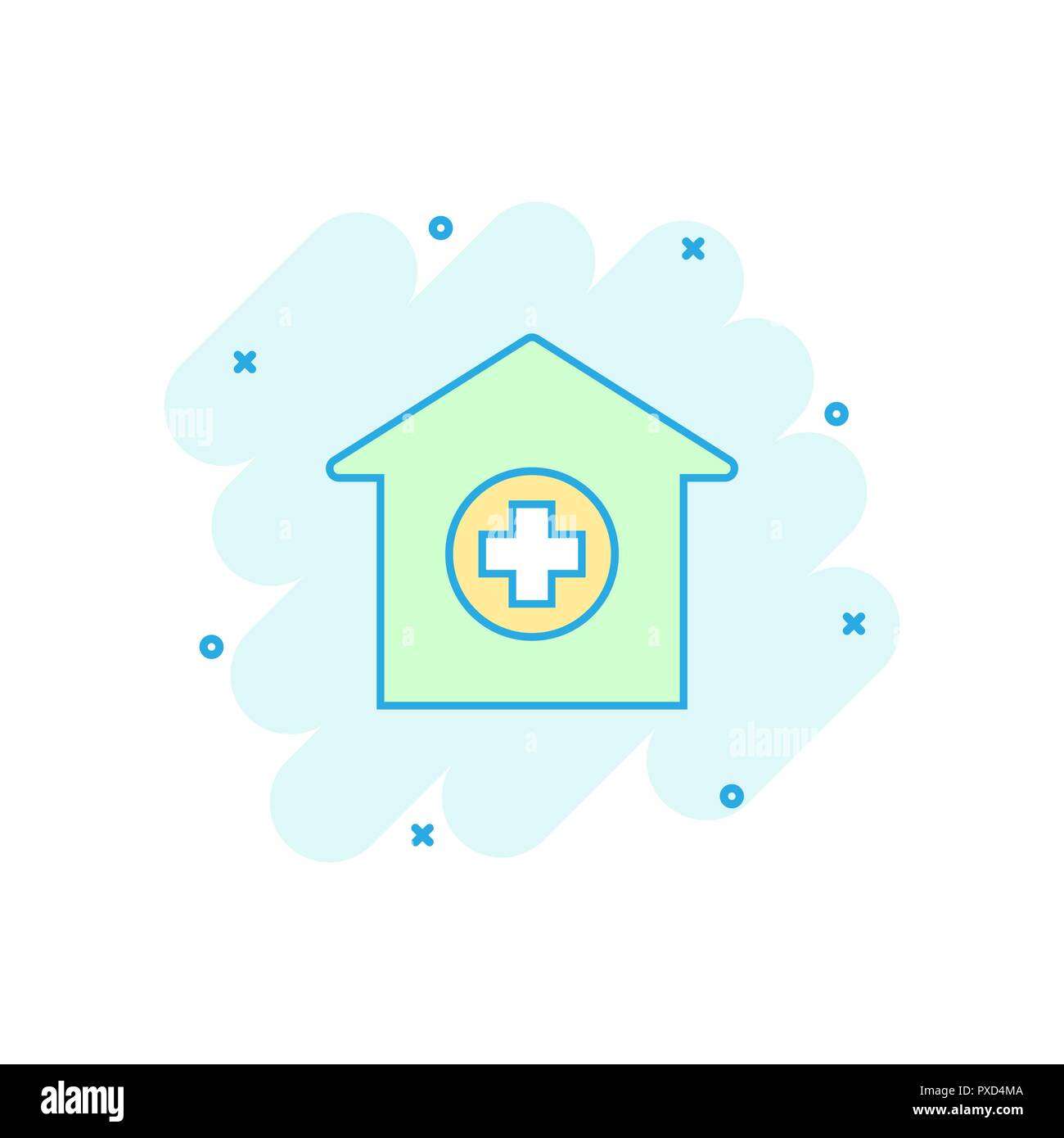 Vector cartoon ospedale icona in stile fumetto. Infermeria clinica medica segno illustrazione pittogramma. Business Salute effetto splash concept. Illustrazione Vettoriale