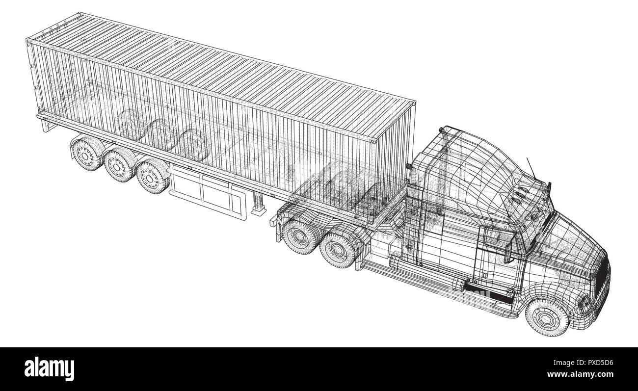 Modello di carrello del rimorchio. Filo-telaio. EPS10 formato. Vettore di rendering 3D Illustrazione Vettoriale