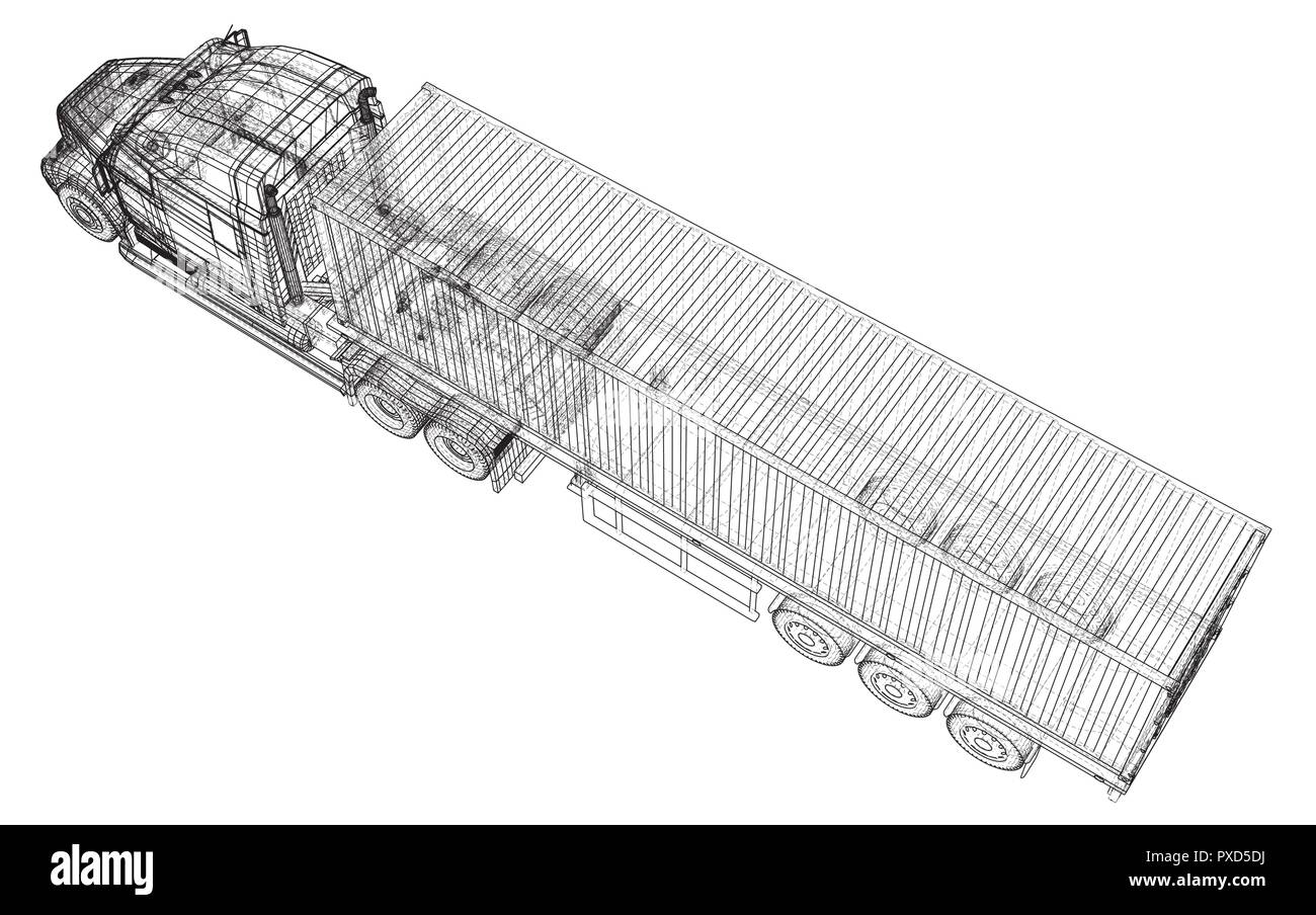 Consegna auto Semi camion rimorchio. Filo-telaio. EPS10 formato. Vettore di rendering 3D Illustrazione Vettoriale