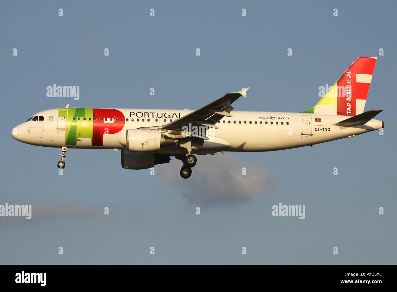 TAP Air Portugal A320-200 con registrazione CS-TNG su corto finale per la pista 01 dell'aeroporto di Bruxelles. Foto Stock