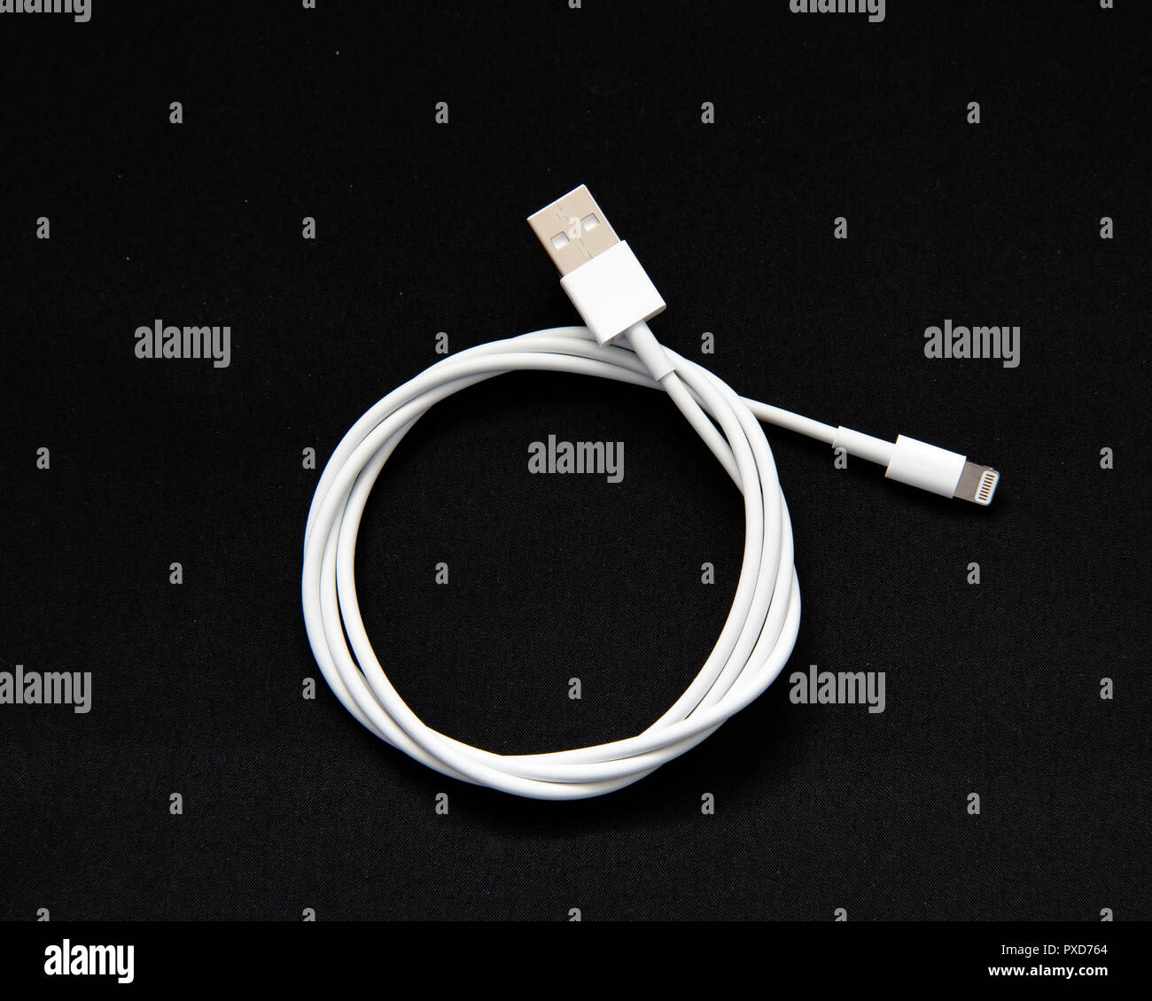 Un bianco USB cavo del computer con un fulmine Apple connettore isolato sul nero. Foto Stock