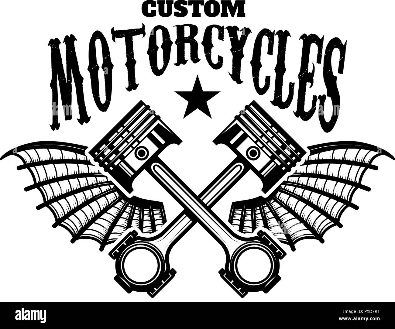 Motociclette personalizzate. Emblema modello con pistoni alati. Elemento di design per il logo, marchio, segno, poster, t-shirt. Illustrazione Vettoriale Illustrazione Vettoriale