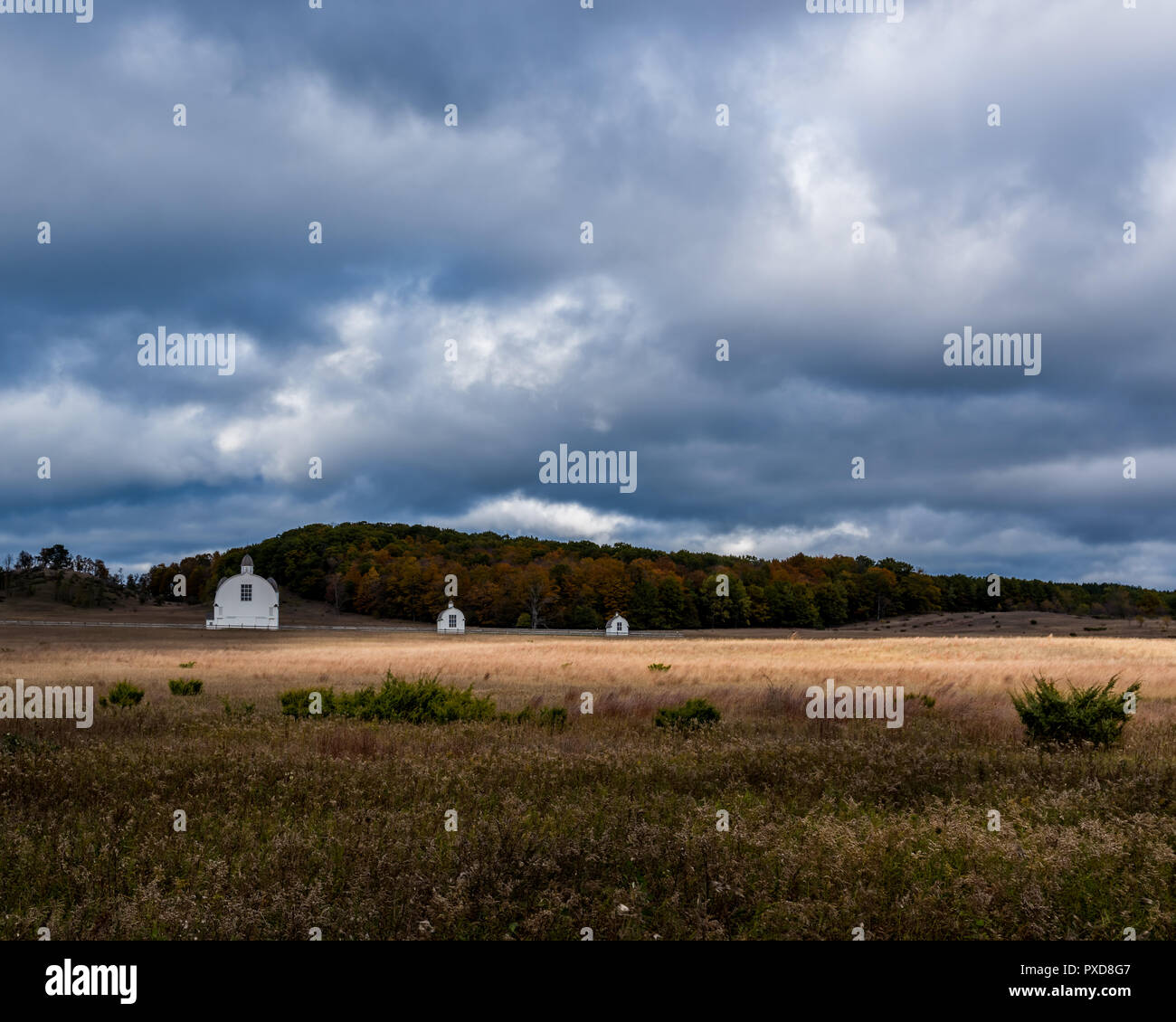 Bianco del diciannovesimo secolo edifici agricoli sullo storico di D.H. Giorno fattoria con drammatico il cielo di autunno. Sleeping Bear Dunes National Lakeshore, Michigan, Stati Uniti d'America. Foto Stock