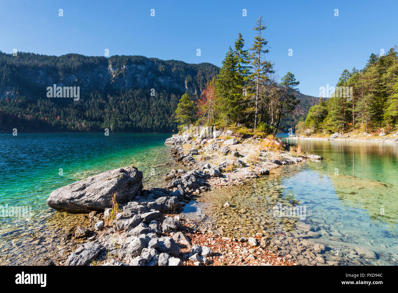 Pietre sulla riva del promontorio oltre a Braxninsel isola nel Lago Eibsee circondato da foresta autunnale, Baviera, Germania Foto Stock