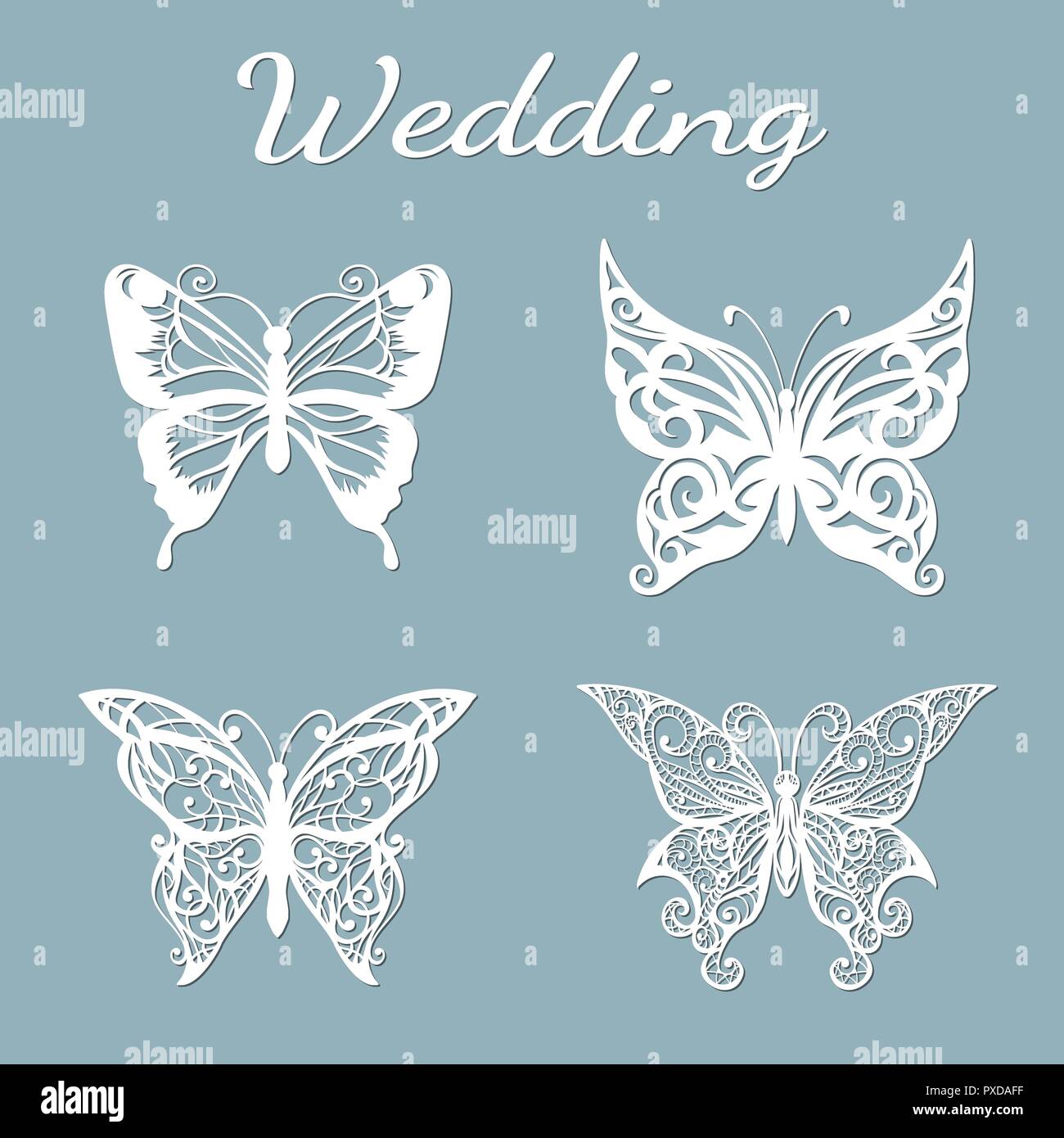 Immagine con la scritta-matrimonio. Modello con illustrazione vettoriale di farfalle. Per il taglio laser plotter e stampa serigrafica Illustrazione Vettoriale