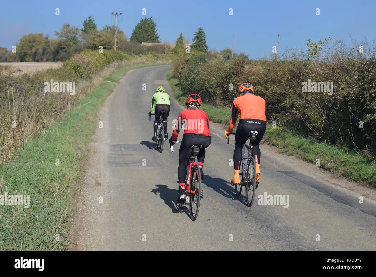 Tre persone di mezza età i ciclisti in lycra escursioni in bicicletta fino alla cima di una collina, Oxfordshire, England Regno Unito Foto Stock