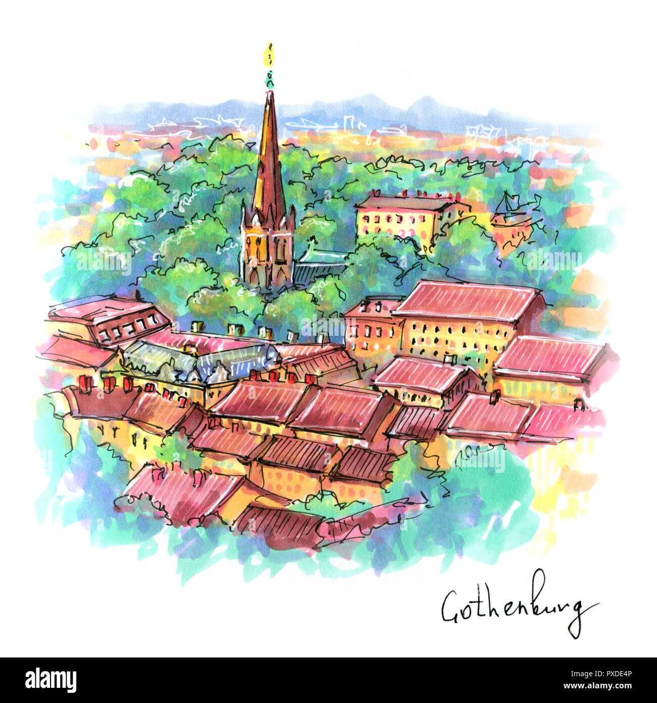 Il colore del disegno a mano, scenic vista aerea della città vecchia a Gothenburg, Svezia. Foto fatta marcatori Foto Stock