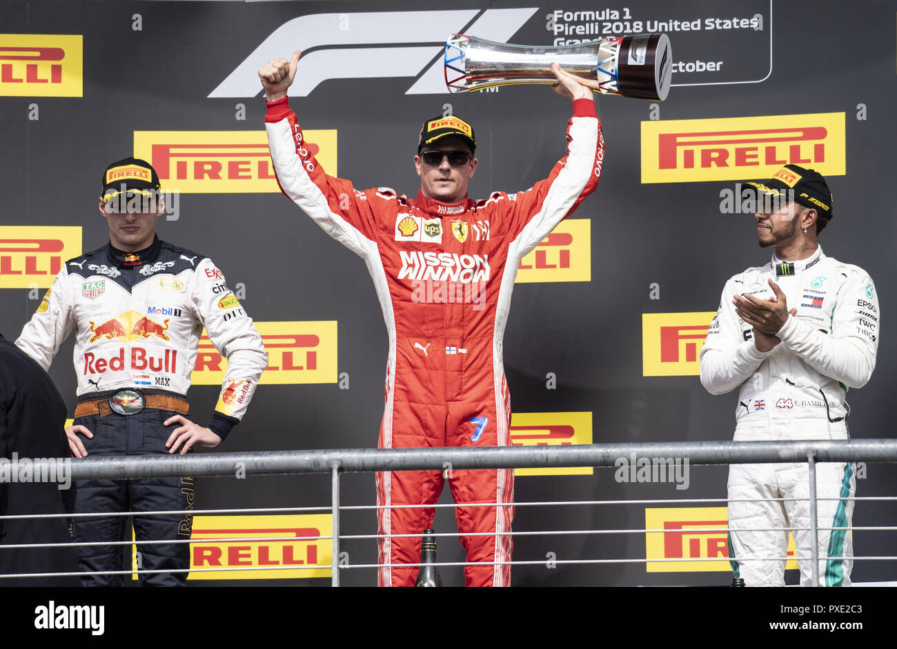 Austin, Texas, Stati Uniti d'America. Xxi oct, 2018. Il vincitore della F1 #7 ''KIMI Râ'¬IKK''¦NEN'' Scuderia Ferrari 2° posto #33 ''MAX VERSTAPPEN'' Austin Martin Red Bull Racing e terzo posto #44 ''Lewis Hamilton " Mercedes AMG Petronas Motorsports Credito: Hoss McBain/ZUMA filo/Alamy Live News Foto Stock