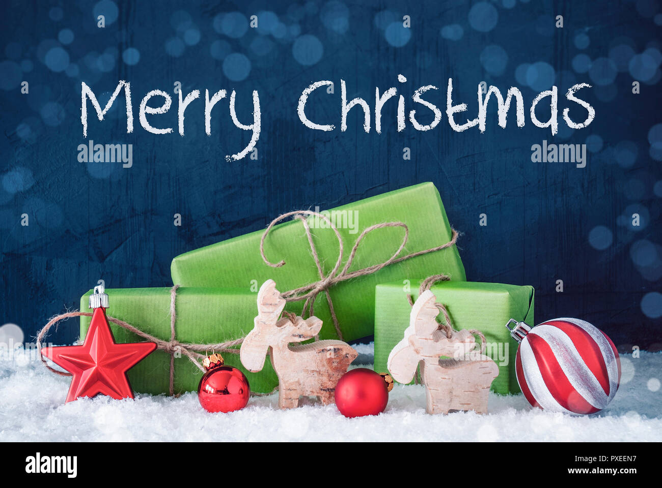 Green regali di Natale, neve, decorazione, Buon Natale Foto Stock