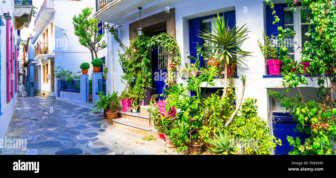 Vecchie strade di città di Skopelos, Grecia. Foto Stock
