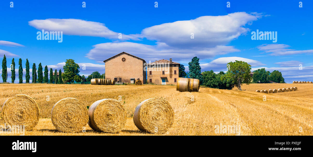 Il paesaggio tradizionale della Toscana,,vista withhay rotoli e fattoria, casa,Italia. Foto Stock