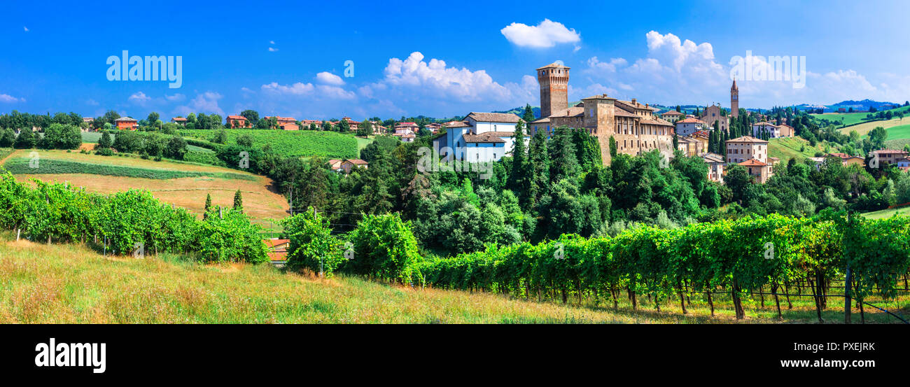Bellissimo villaggio di Levizzano,vista con il vecchio castello e vigneti,Emilia Romagna,l'Italia. Foto Stock