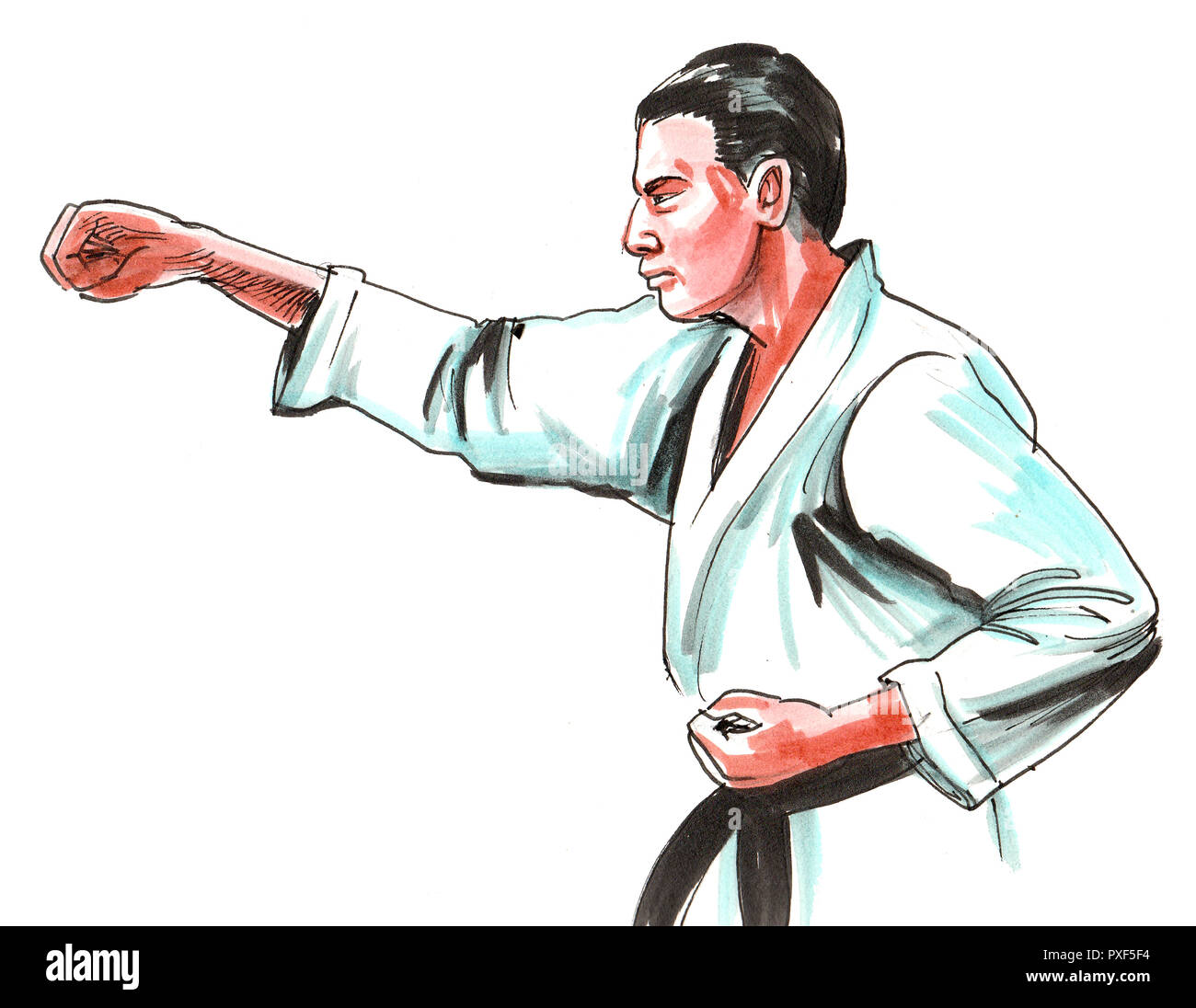 Il Karate fighter, inchiostro e acquerello illustrazione Foto Stock