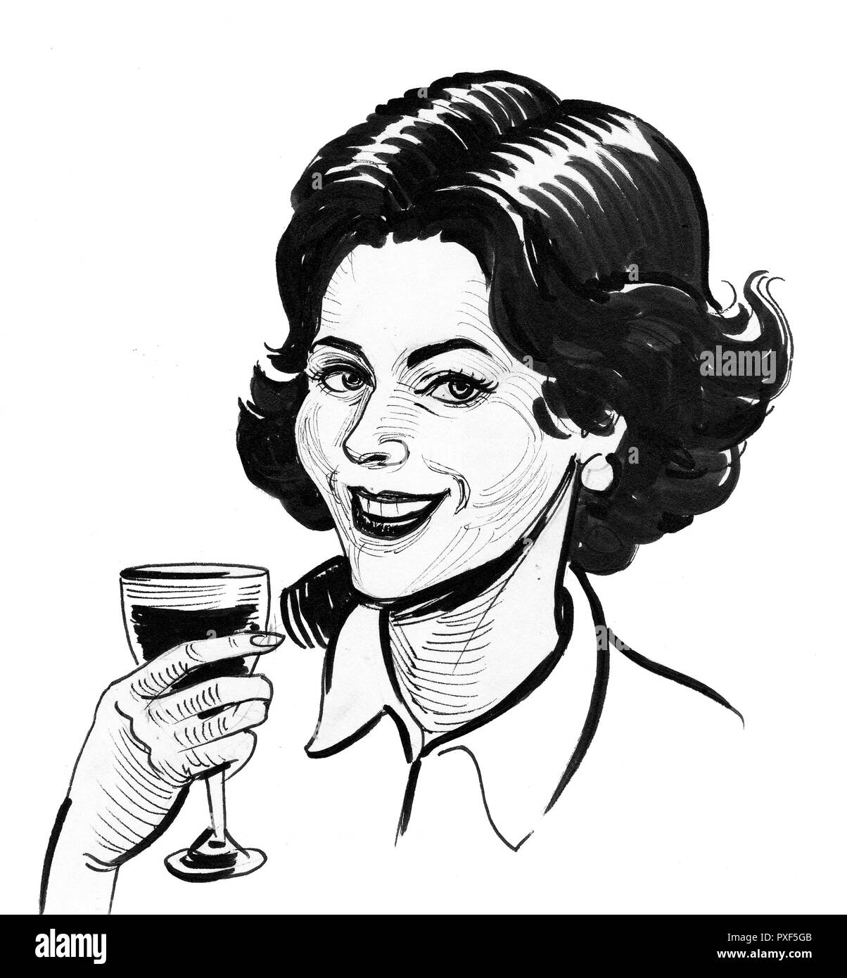 Bella sorridente brunette donna con un bicchiere di vino. L'inchiostro nero e bianco in stile retrò disegno Foto Stock