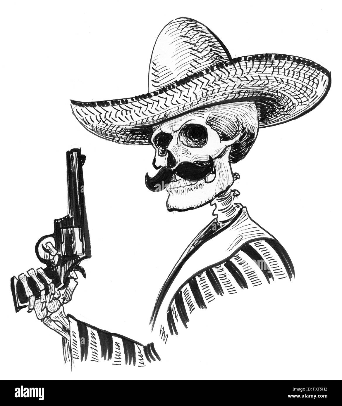 Morto in messicano sombrero con una pistola revolver. L'inchiostro bianco e nero illustrazione Foto Stock