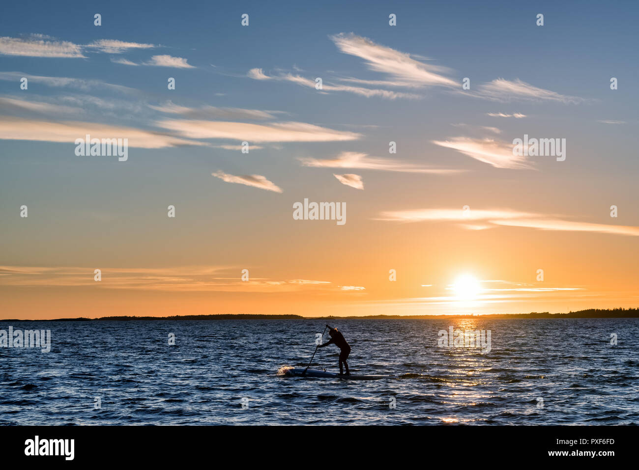 SUP imbarco a Mar Baltico al crepuscolo, Helsinki, Finlandia, Europa, UE Foto Stock